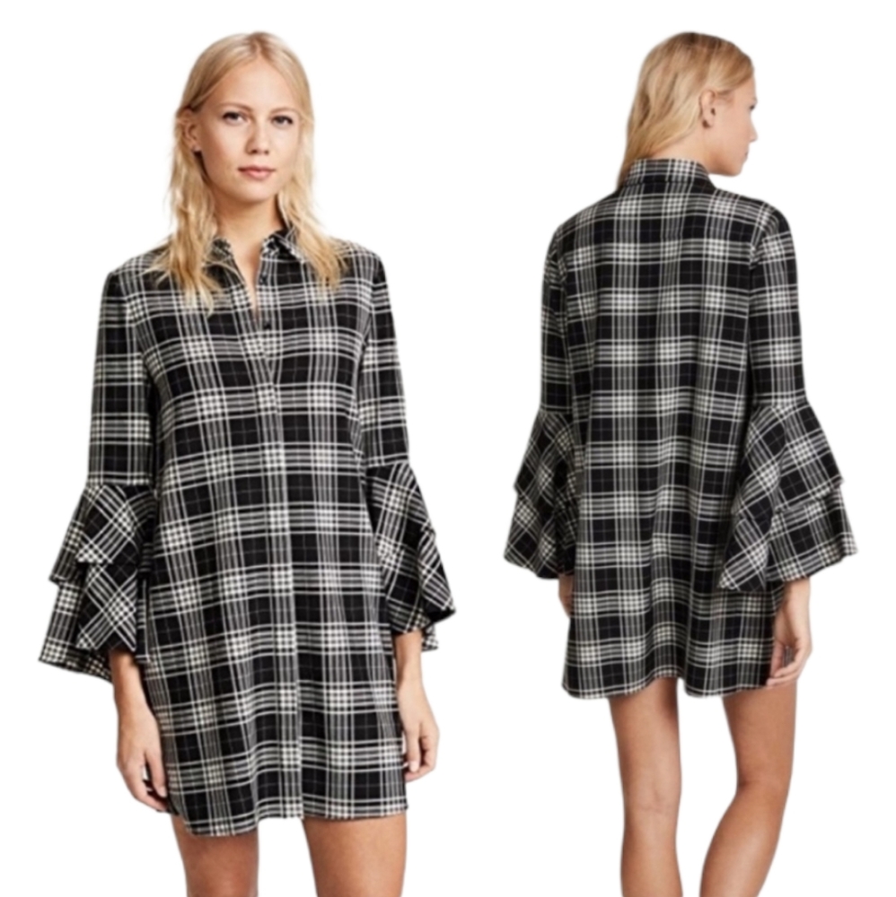 Alice +‎ olivia black white plaid ruffle bell sleeve mini dress Collared Medium